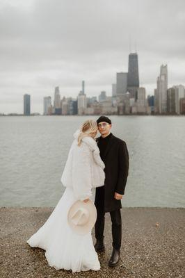 Portrait of the couple taken by the lake in Chicago