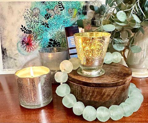 Himalayan Handmade Candles by Himalayan Trading Post Fleur de Lys, Artisan Blown glass tumbler and Wooden Spice Pot Candles