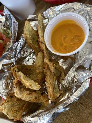 Deep fried chilies with queso dip. Love the chilies!