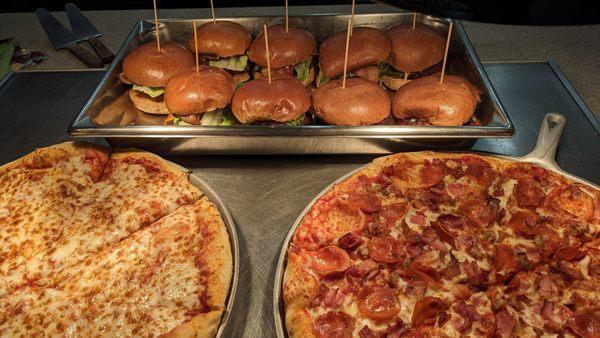 Fried Chicken Sandwich, Cheese Pizza, and Meat Lovers' Pizza