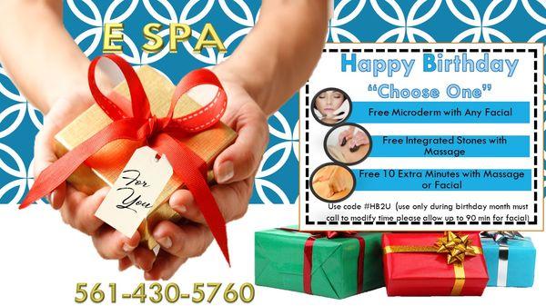 Birthday this month? E SPA has a gift for you. Free added Microderm on any facial or free extra 10 minutes on your massage! 561-430-5760