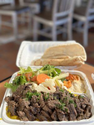 Beef Shawarma Plate with salad and hummus, and fresh baked pita to dip into that hummus!