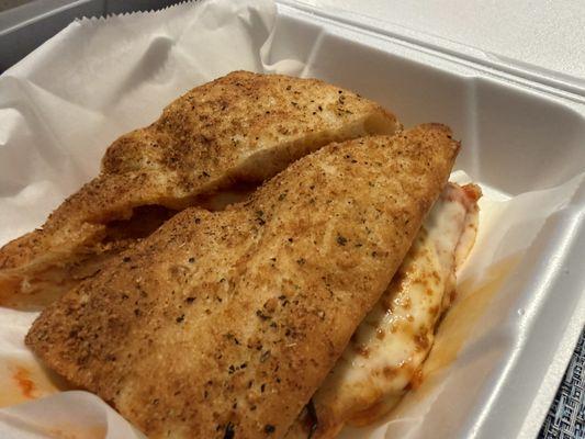 Soggy bread, chewy chicken and flavorless vodka sauce.  looks far better than it tasted.