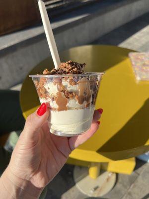 the norm salted vanilla bean soft serve + chocolate chip cookie butter + chocolate chip cookie bits + maldon salt