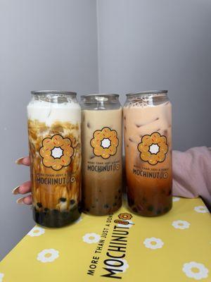 Brown sugar boba tea (left) Coffee tea (middle)  Thai tea (right)