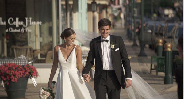 Bride and Groom walking in downtown Burlington, WI
