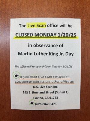 Closed Monday January 20th (MLK Jr Day).  Customers can go to alternate office in Covina.