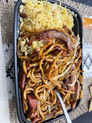 Pork lo mein and fried rice.