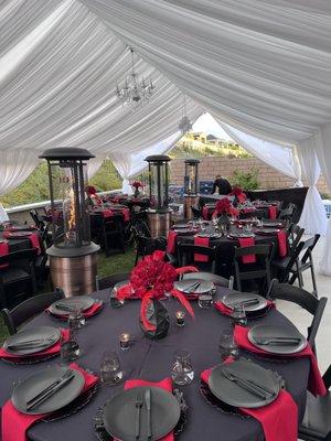 Tables, coverings, dinner are, heaters, chairs