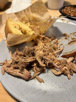 Lunchtime BBQ magic. Pulled pork corn bread back beans