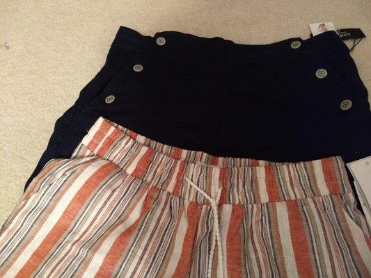 Linen pants at great prices! That's navy blue on the top as a nice basic.  The strips are nice and bright.
