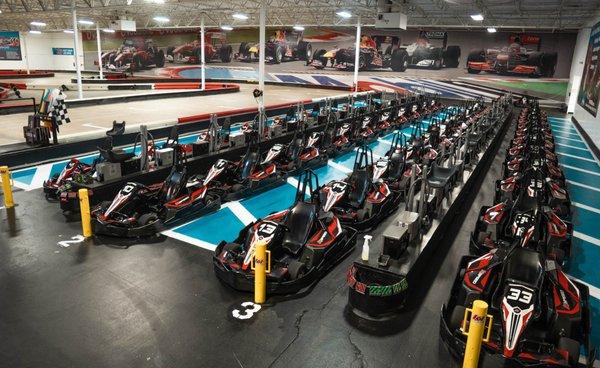 We use all-electric indoor go karts that can reach speeds of up to 45mph.
