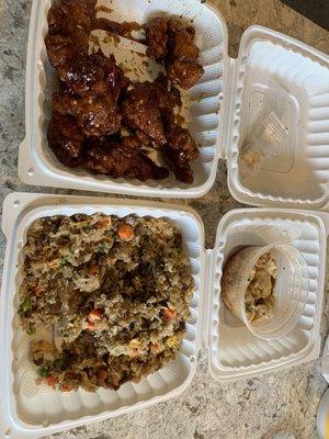 General Tso's Chicken, pork fried rice and won ton in chili oil.
