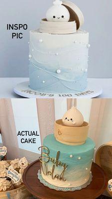 6inch barrel cake! (baby name sign and dumpling cake topper not included) Not spot on, but we loved the outcome regardless!