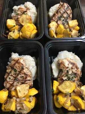 Herb grilled Springer Farms chicken, smashed red skin potato with roasted sunburst squash and shallots. It doesn't get any better than that!