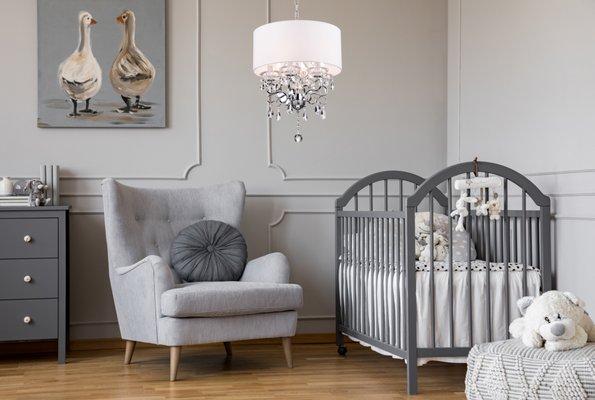 Chrome 6-Light White Fabric Round Drum Chandelier with Crystals Hanging