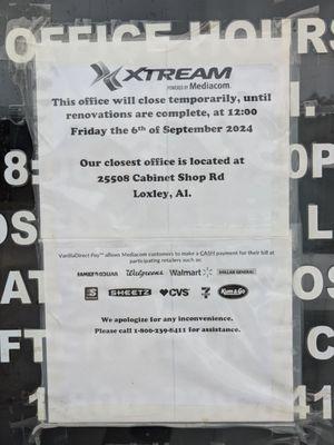 I took this picture on Nov. 5, 2024 of the Mediacom office in Gulf Shores.  It's still closed with construction equipment inside.