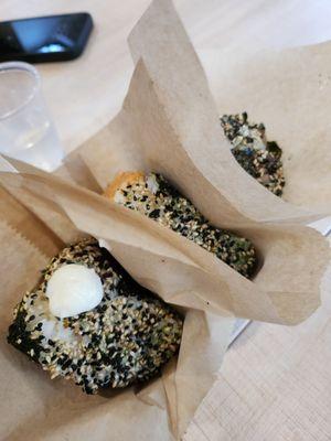 fried shrimp mayo, spicy salmon, shitake egg