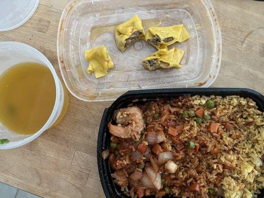 Won ton meat was rancid.Frozen freezer burned shriveled peas and carrots.Was not edible spicy shrimp/fresh vegetables.