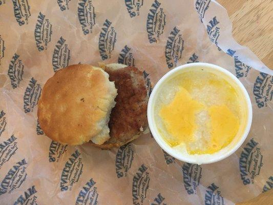 Pork tenderloin biscuit and cheese grits