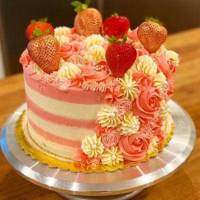 8" Strawberry descending decoration and with edible gold paint.