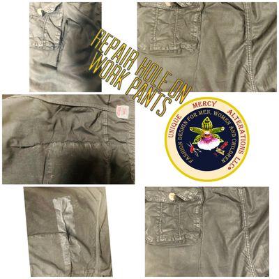 Hole repair finish within less 24 hours on work pants.