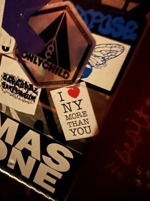 Stickers on the wall in the bathroom. I'm a NY'er and of course I had to take a photo of this!