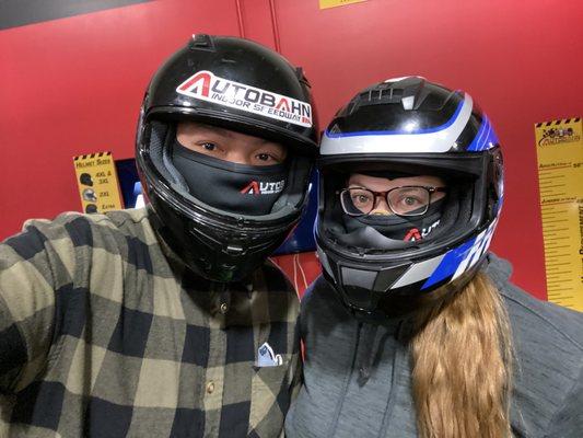 After getting fitted for helmets and right before the race!