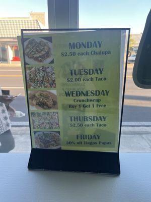 The specials for the week.