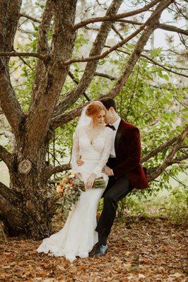 Portrait of the bride and groom during a late October wedding