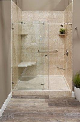 100% Virgin Acrylic walk-in shower with bench & sliding glass barn-doors