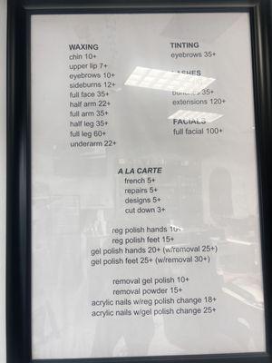 Other services offered and prices.