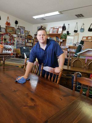 Getting new furniture ready for our Indoor Yard sale  every sale supports local food outreach.
