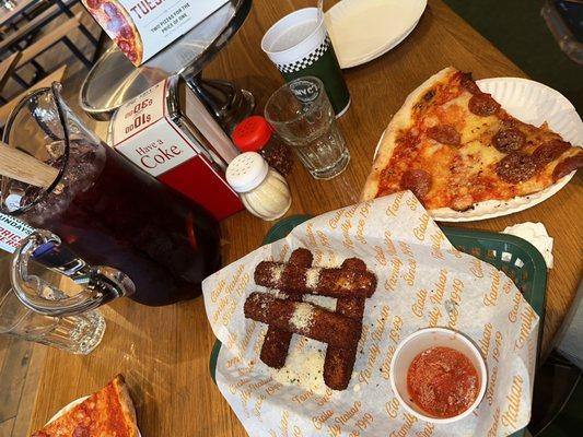 Pepperoni pizza slice & mozzarella sticks