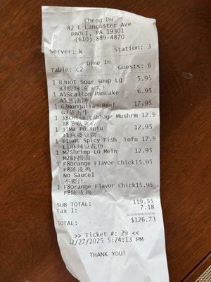 Our Cheng Du receipt on 12/27/2025. $126.73 for 6 people.