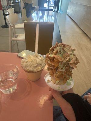 Mango/rice pudding swirl with ride pudding and miso caramel, and lucky charms ice cream with corn flake crunch and pandan sauce