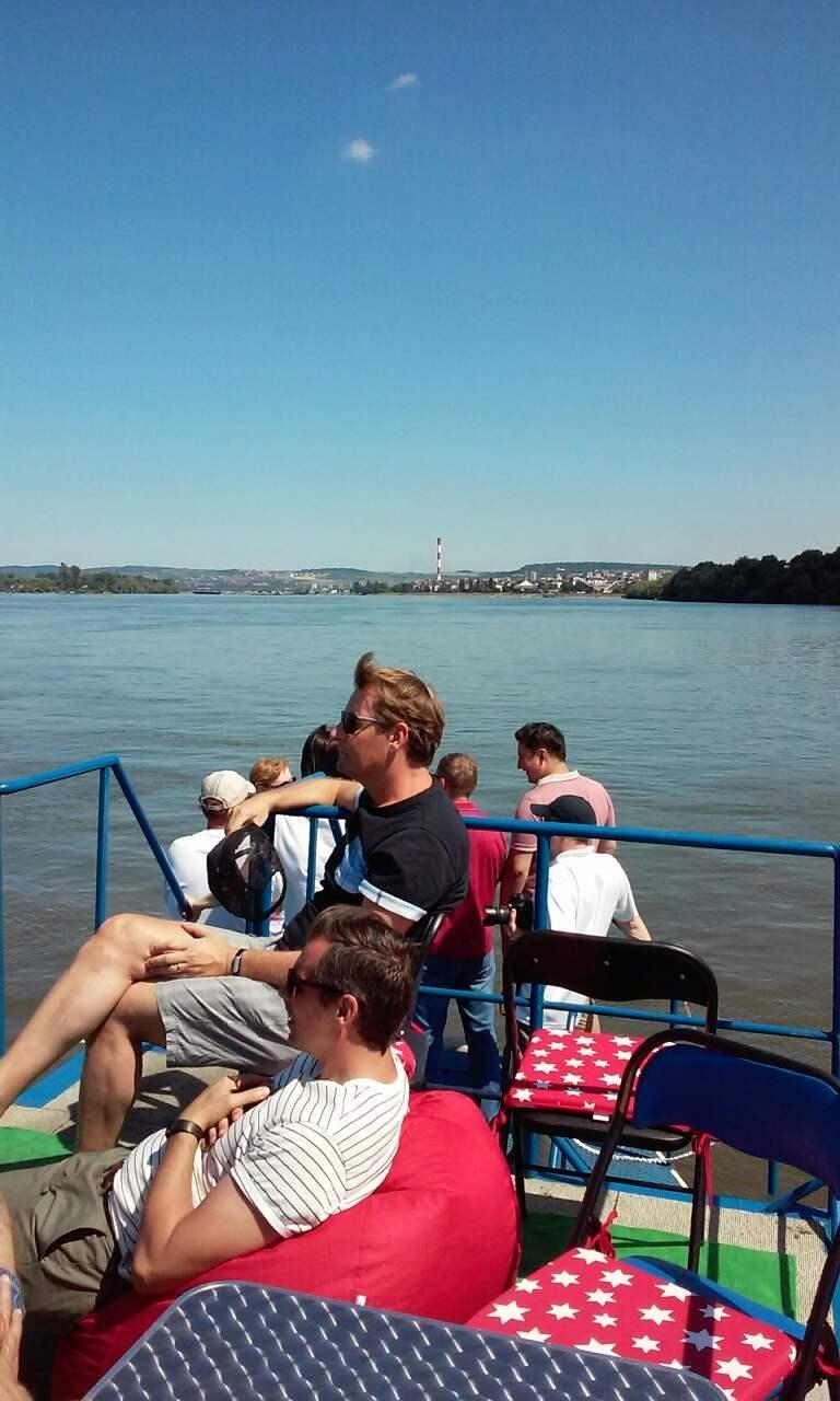 Belgrade cruising Danube and Sava river/blue boat