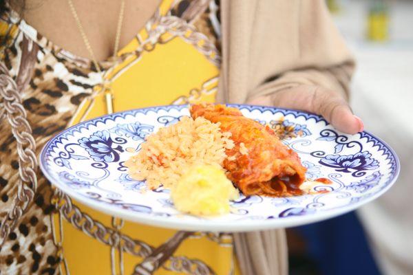 Tri tip enchiladas, Spanish rice, corn cakes