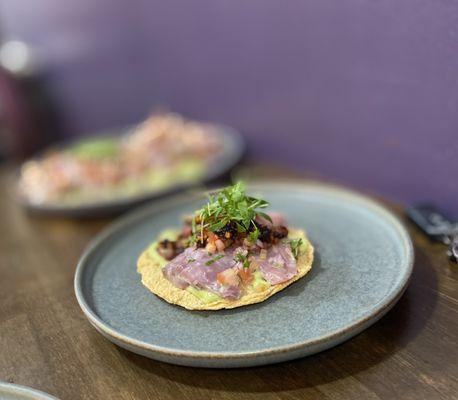 Smoked kanpachi tostada
