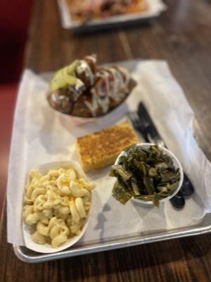 Chicken Platter with mac n' cheese and cornbread