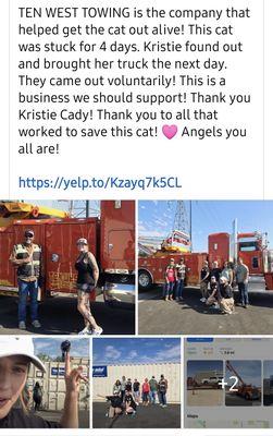TEN WEST TOWING is the company that helped get the cat out alive! This cat was stuck for 4 days. They came when 911 or animal controwouldn't