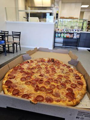 The best pizza around. Large Pepperoni, well done. The staff is super friendly, and their subs are awesome.