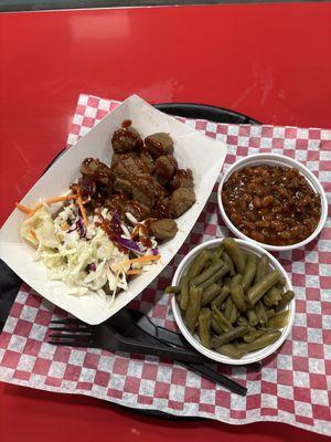 Vegan Beef Tip Bbq, baked beans, green beans ... all vegan!