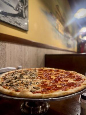 Large pizza- half pepperoni and half mushroom