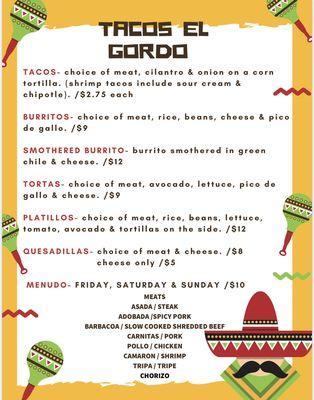 Tacos El Gordo Montrose Menu