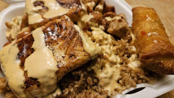 I got my chicken with SALMON. Mindblowing! And somewhere under all of this is my cabbage and broccoli.