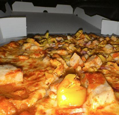 Surface level view of the Buffalo chicken "pizza"