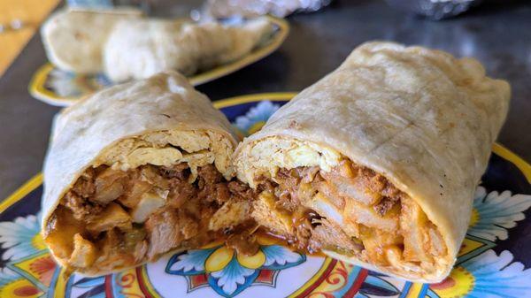 Large carne adovada/chorizo breakfast burrito, Christmas