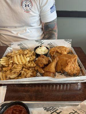 Broasted chicken with waffle fries