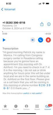 Voicemail six hours later